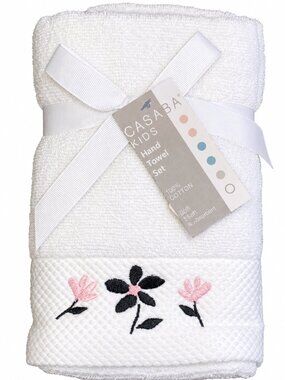 Casaba Hand Towels Pink Black Embroidered Flowers Bath White Set of 2 Spring